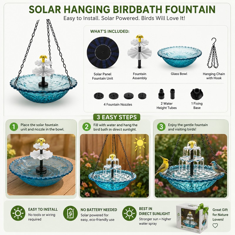 Hanging Solar Bird Bath Fountain for Garden Decor – 3-Tier