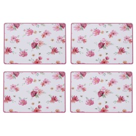 Spring Peony Pink Petal-Party Placemats, Set of 4, Cork Backed Hard Boards, Heat Resistant, Rectangles, 15.75 x 11.25 Inches, Pink Border