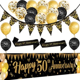 Black Gold 50th Wedding Anniversary Decorations Kit,Happy 50th Anniversary Yard Banner,Sash,Banner Bunting Flags,18Pcs Latex Balloons for Women Men 50 Year Party Supplies