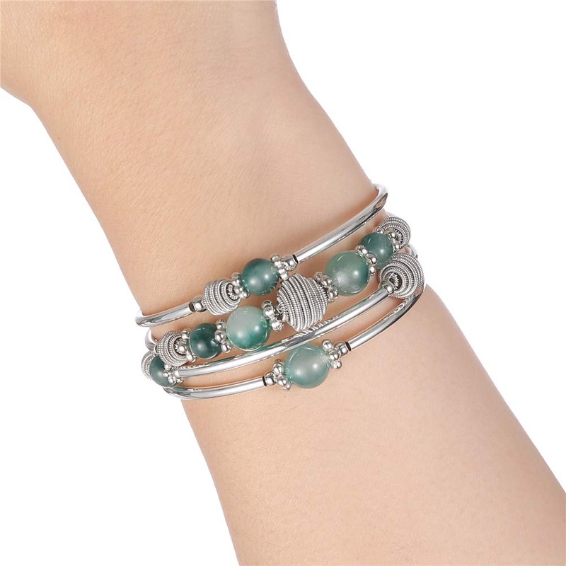 Silver Wrap Bracelet with Natural Stone Beads Boho Multilayer Women's