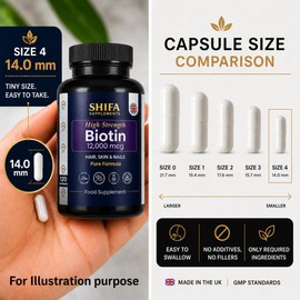 Shifa Supplements Biotin 12000 mcg 120 Vegan Capsules | High Strength Vitamin B7 | Hair, Skin & Nails Support | Pure Fill Formula | No Magnesium Stearate | Halal Certified | 4 Months Supply