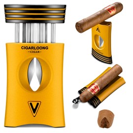 CIGARLOONG V-Cut Cigar Cutter Guillotine Build-in Cigar Punch Stainless Steel Sharp Blade Cigar Cutter in Gift Box(Yellow)