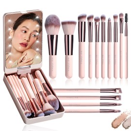 Set de Brochas de Maquillaje, 14 Piezas, con Espejo LED Recargable, Portátil, Negro (Rosa)