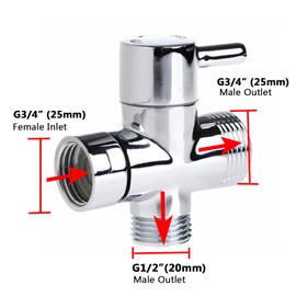 Shower Diverter Valve Replacement, 3 Way T-Adapter Shut-Off Valve for Shower Head Arm Diverter, Round G3/4 Female Inlet x G1/2 & G3/4 Outlet