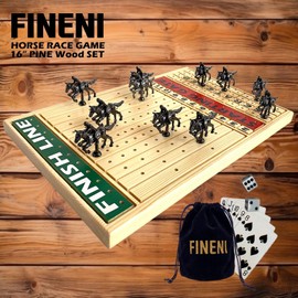 FINENI Horse Racing Game for Adults, Luxurious Metal Horses (Black) on 16' Pine Wood Board, Dice & Card Included