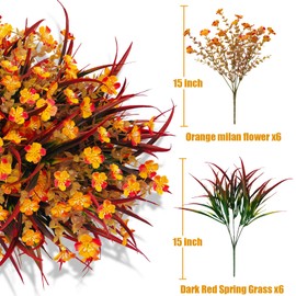 Luiywan Artificial Fall Flowers Faux Mums, Autumn Outdoor Indoor Decor, Fake Daisy Plants with Eucalyptus Leaves Grass, Orange Flowers UV Resistant Greenery for Porch Patio Boxwood Home Garden, 12PCS