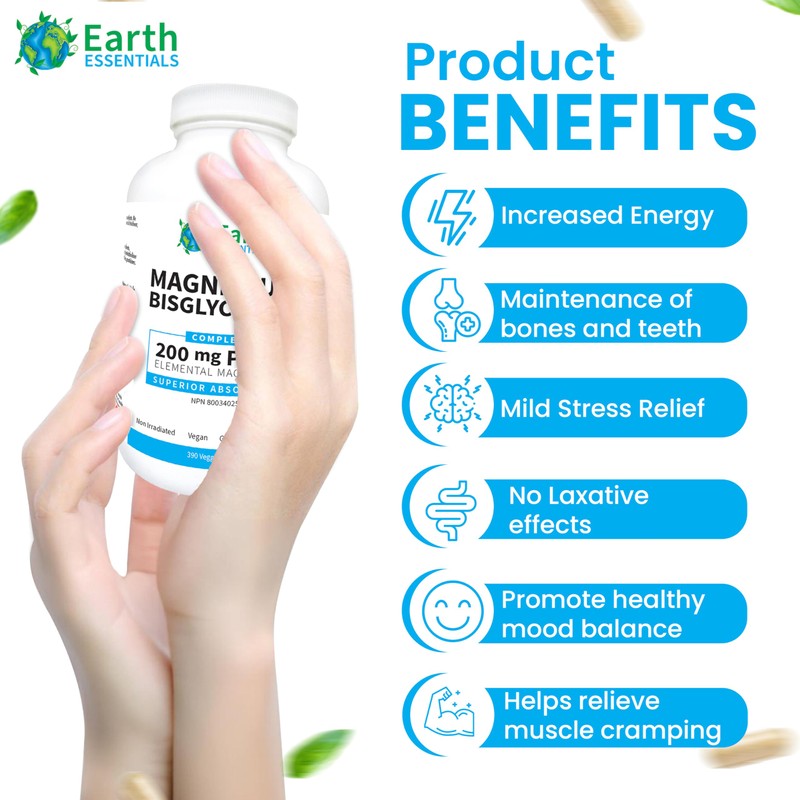 Earth Essentials Magnesium Bisglycinate, 390 Veggie Capsules, Superior Absorption, 200