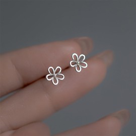 Delicate Flower Small Stud Earrings for Women S925 Sterling Silver Hollow Blossom Floral Cartilage Tragus Sleeper Hypoallergenic Piercing Tiny Studs Elegant Wedding Party Jewelry (Silver)