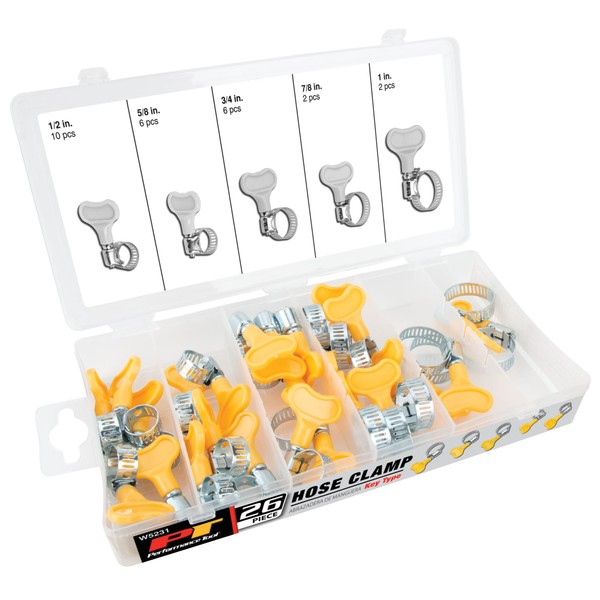 Performance Tool W5231 Key Type Hose Clamps - 5 Sizes (1/2-Inch-1-Inch) - No Tools Needed - Handy Storage Case - Large Easy-to-Turn Keys