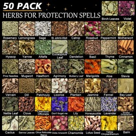 50pack Herbs for Witchcraft, Dried Herbs and Flowers Kit for Witch Beginner, Bulk Herb Gift Set for Wicca, Pagan and Wiccan Rituals, Magic Spell, Altar Supplies, Candle and Soap Making