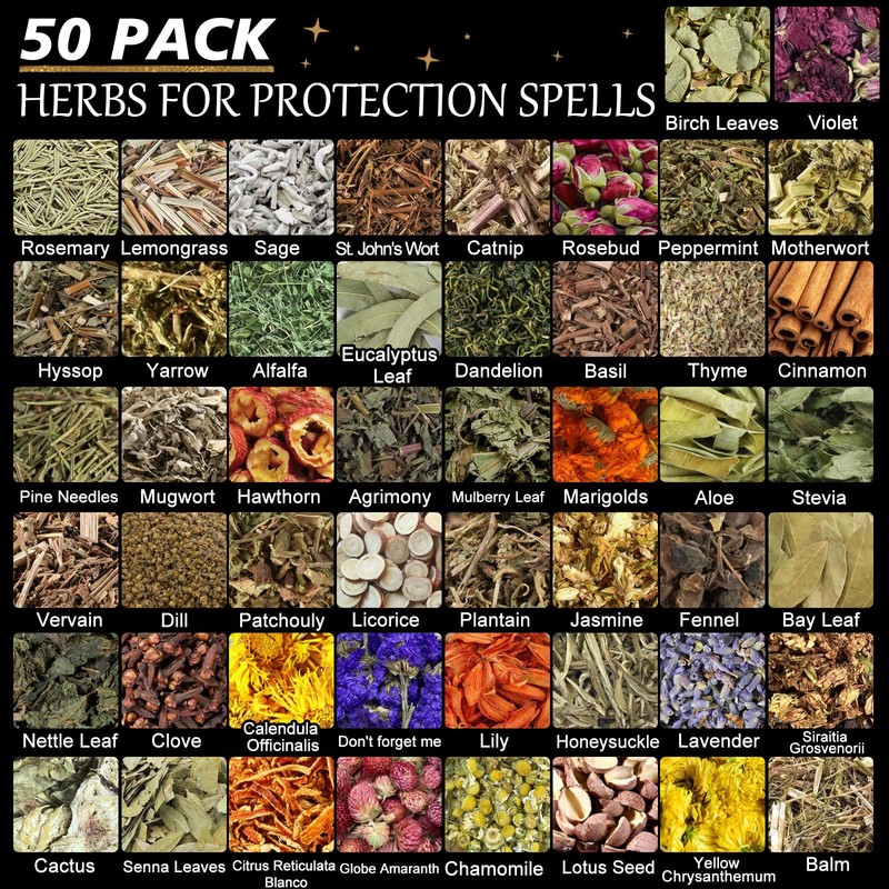 50pack Herbs for Witchcraft, Dried Herbs and Flowers Kit for