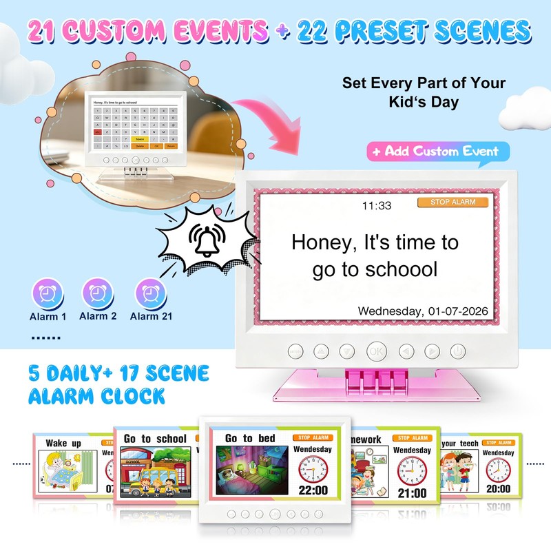 Kids Digital Alarm Clock with 7" Touchscreen, Custom Reminders &