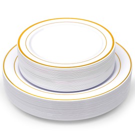Homy Feel 60PCS Round White Plastic Plates with Gold Rim Includes:30 Dessert Plates 7.5" Plates And 30 Dinner Plates 10.25" Plates Disposable Plates For Party Supplies