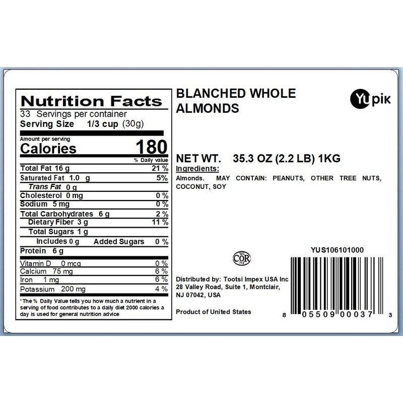 Yupik Nuts Blanched Whole Almonds, 2.2 lb