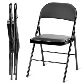 Simple Deluxe 2 Pack Folding Chairs with Leather Padded Cushion Seats Indoor Outdoor Black