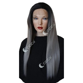 Lace Front Wigs, 28 Inches Long Wig, Straight Wig with Side Bangs, Ombre Black Roots to Grey Wig, Soft Lace Wig, Premium Heat-Resistant Synthetic Hair Replacement Wigs for Women.