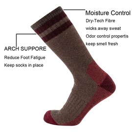 CEREBRO Calcetines de lana de merino para hombres, calcetines acolchados de media pantorrilla que absorben la humedad, calcetines de senderismo para el hogar, senderismo, al aire libre, 1 par marrón rojo3, Talla única