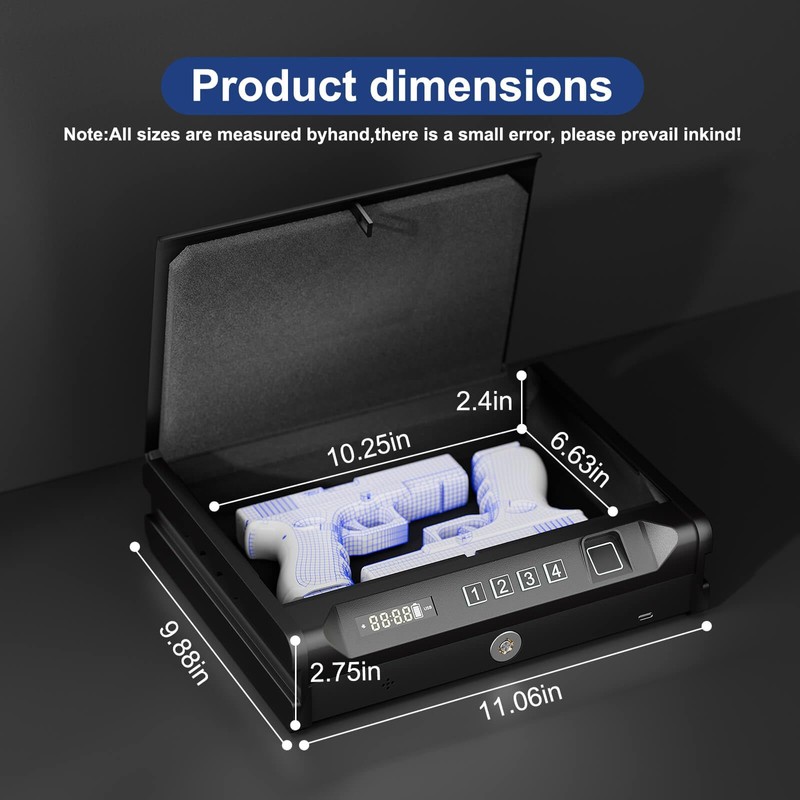 Biometric Quick Access Gun Safe for 2 Pistols,3 Ways Unlock
