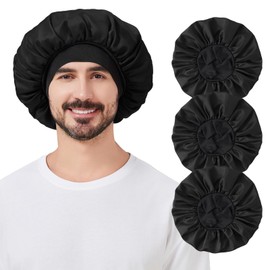 3Pcs Satin Bonnets for Men, Hair Bonnet for Sleeping Soft Elastic Band Silk Sleep Bonnet for Curly Hair Braids(Color 05)