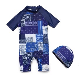 BONVERANO Baby Boy UV Swimsuit UPF 50+ Sun Protection S/S One Piece Kids Sunsuit Zipper (Dark Blue, 18-24 Months)