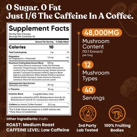 48000mg Mushroom Coffee with 12 Adaptogenic Mushrooms, Lion's Mane, Cordyceps, Turkey Tail, Reishi, Ashwagandha & Probiotics for Focus, Digestion & Immunity