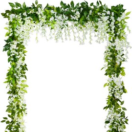 5pcs 33ft Artificial Wisteria Garland Wisteria Vine Artificial Hanging Flowers Plants Greenery Fake Leaf Garland for Wedding Kitchen Home Party Decor(Milk White)