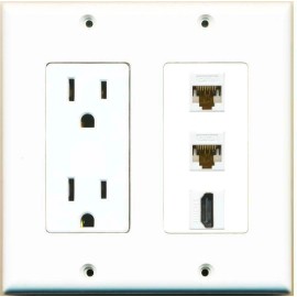 Wallplate City 15 Amp Power Outlet 2 Port CAT6 Ethernet 1 HD Jack F-F Wall Plate White