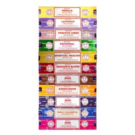 Set of 15g Nag Champa, Lavender, Patchouli, Musk, Reiki, Rose, Positive Vibes, Spiritual Healing, Dragon Blood, Sandalwood, Vanilla + Free One Unit of 15g Satya Incense