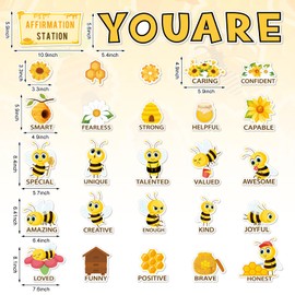 JarThenaAMCS Bee Motivational Bulletin Board Decorations Positive Affirmation Posters Summer Sunflower Bee Hive Cutouts for Back to School Classroom Wall Decor