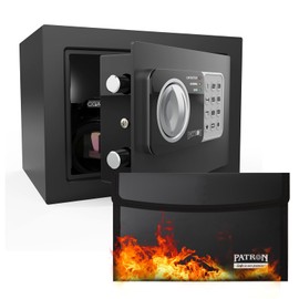 PATRON fireproof safe box for home ，mini safe for money，coin safes with code，fire proof lock box for kids，Wall or Cabinet Safe for personal items，0.236 Cubic Feet Black
