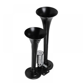 12/24V 600db Car Boat Truck Lorry Super Loud 2 Trumpet Air Horn Black, Chrome Plated Zinc, Weather-Resistant, Black, Powerful Train Sound for Safety & Attention