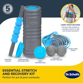 Dr. Scholl’s 5-in-1 Stretch and Recovery Massager Set, Includes Hollow Core Massage Roller with End Caps, Muscle Roller Stick, Stretching Strap, Double Lacrosse Peanut, and Plantar Fascia Relief Ball