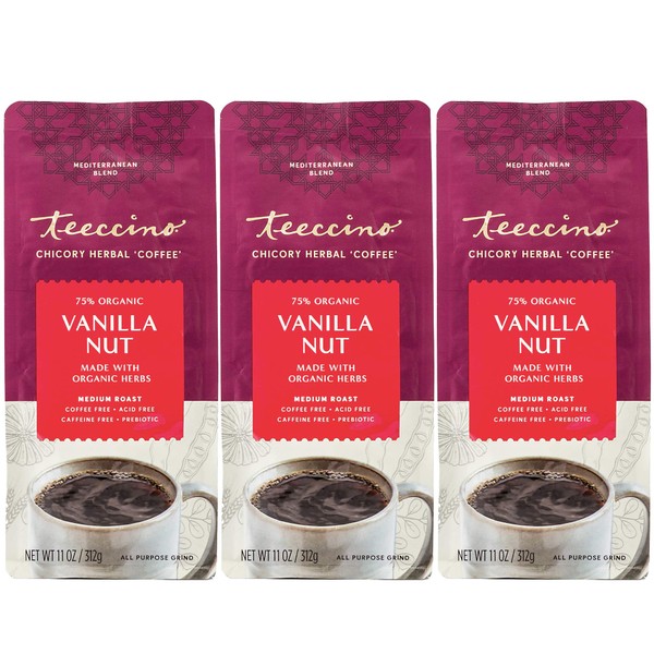 Teeccino Vanilla Nut Chicory Coffee Alternative - Ground Herbal Coffee That’s Prebiotic, Caffeine Free & Acid Free, Medium Roast, 11 Ounce (Pack of 3)
