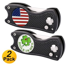 Amy Sport Golf Divot Repair Tool and Ball Marker Portable Foldable Magnetic Pop-up Button Stainless Steel Tools (2 Pack Black)