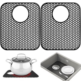 Sink Protectors for Kitchen Sink,2 PCS Silicone Kitchen Mat 13.58"x11.6",Non-Slip Bottom Guard Compatible with Farmhouse/Stainless Steel/Porcelain(Black, Rear Drain)