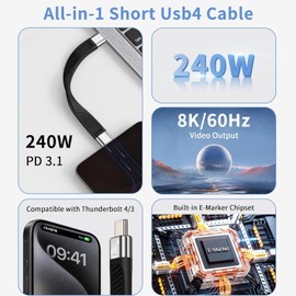 RIITOP 240W USB4.0 Typ C auf C Kurze Kabel 40Gbps, USB Typ C auf C Flachkabel 240W PD Schnellladung, 8K@60Hz Audio Video für für Smartphone, externe SSD, eGPU,13 cm/5,1 in