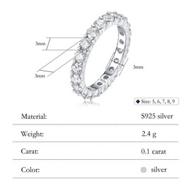 [JYJZZ186]   S925 Sterling Silver Single 0.1CT Stackable Ring, Simple Design, Zirconia Set Full Band Ring, Mix and Match Rings, Holiday Gifts. - Size: 6
