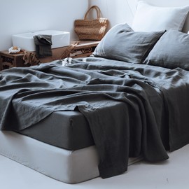 Simple&Opulence 100% Linen Sheets California King Size Set, 4 Pcs Natural French Linen Bed Sheets, Breathable Soft Durable Bedding Set for All Season (Dark Grey, California King)