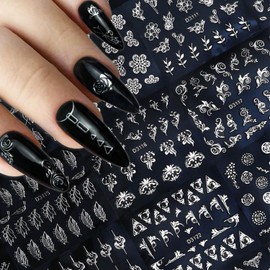 30 Sheets Silver Flower Nail Art Stickers 3D Self Adhesive Nail Decals Hollow Floral Nail Design Stickers Silver Line Leaf Flowers Nail Art Supplies French Manicure Tip Accessories for Women DIY Decor