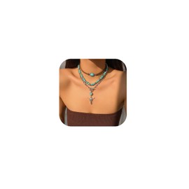 Slpytc Layered Western Necklaces for Women Vintage Turquoise Beaded Western Choker Necklaces Set Ox-head Cactus Cross Chain Necklaces Dainty Jewelry (D Turquoise Beaded Paerclip Chain Necklace)