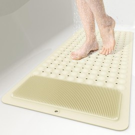 OTHWAY Ultra-Grip Bath Mat For Tubs & Showers, 39"x16” Extra-Long Non-Slip Pad w/ Mega Suction Cups + Drain Holes—Super Soft TPE, Machine-Washable, Bathroom/Kitchen Safe—4 Trendy Colors, Slip-Proof For Kids & Pets, Home Goods - Color: Beige
