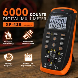 SURLABA Digitales Multimeter, XF-42B Voltmeter TRMS 6000 Count Spannungs Strommesser Ohmmeter, NCV Volt Ampere Widerstand Dioden Durchgangsmessung Tastverhältnis Kapazität Frequenz Temperatur