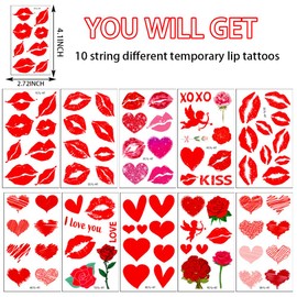 RUPOFUZA Valentines Temporary Tattoos Assorted Red Lips Temporary Tattoo Sticker Cute Valentines Temporary Tattoos Adult Women Kiss Tattoo Stickers for Valentines Day Decorations(10 Sheet)