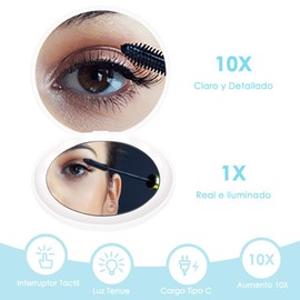 Lukovee Espejos de Maquillaje con luz LED, Aumento 1x/10x Espejo Compactos Recargable USB, Plegable Espejos de Doble Cara para Makeup Tocador, Espejo de Mano Portatil de Luz Blanca, Cálida, Neutra