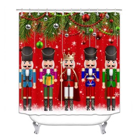 OLEBETY - Juego de 4 cortinas de ducha de cascanueces de Navidad con alfombras, tela impermeable, cortina de ducha roja, regalos divertidos de Navidad, bolas de abeto verde, copo de nieve, invierno