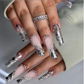 Square Press On Nails Long Fake Nails Rhinestone Heart With Silver Pattern Design Acrylic False Nails Glossy Glue On Nails Artificial Nails Full Cover Stick On Nails For Women 24pcs