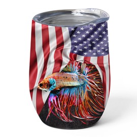 Patriotic Red Blue Crowntail Betta Fish Tumbler 12oz - Stainless Steel Vacuum Insulated Wine Cup with Lid - American Flag & Pet Novelty Gifts for Betta Lovers