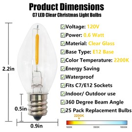 C7 LED Christmas Replacement Bulbs, 25 Pack C7 Clear Christmas Light Bulbs for Christmas Outdoor String Lights, E12 LED Light Bulbs for Night Light Candle Chandelier Christmas Lights, 0.6W Warm White
