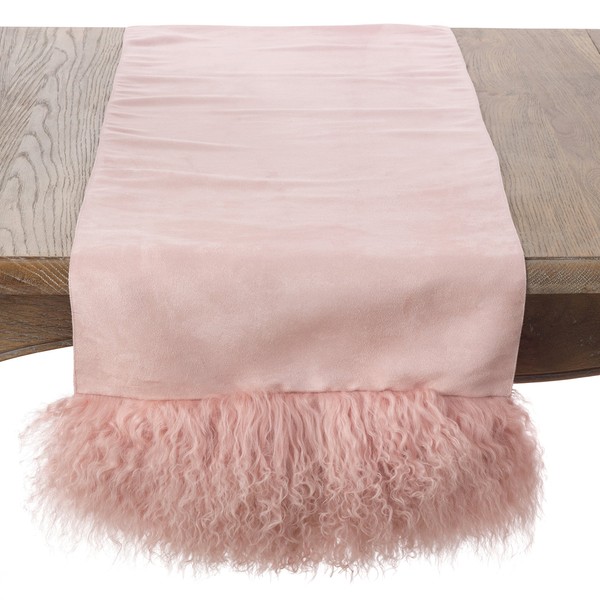 Saro Lifestyle Mongolian Wool Lamb Fur Trim Table Runner, Rose,