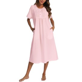 AVIIER 100% Cotton Nightgowns for Women Short Sleeve Night Gown with Pockets Light Pink XL